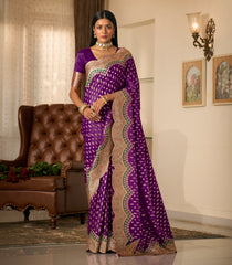 Purple Woven Blended Satin Saree With Zari Motifs & Embroidered Cutwork Border-EN2202