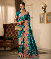 Peacock Woven Blended Satin Saree With Zari Motifs & Embroidered Cutwork Border-EN2203