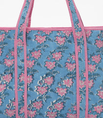 Light Blue Bagru Printed Handmade Cotton Quilted Tote Bag With Zipper-ACS1047