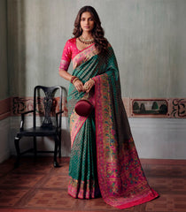 Teal Printed Blended Kalam Kanni Kattan Saree With Position Print Border-EN2150