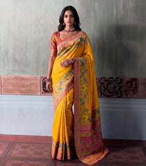 Yellow Printed Blended Kalam Kanni Kattan Saree With Position Print Border-EN2152