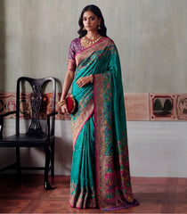 Cyan Printed Blended Kalam Kanni Kattan Saree With Position Print Border-EN2153