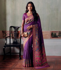 Purple Printed Blended Kalam Kanni Kattan Saree With Position Print Border-EN2155