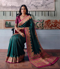 Dark Green Printed Blended Kalam Kanni Kattan Saree With Position Print Border-EN2156
