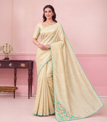 Cream Woven Synthetic Super Silk Saree With Embroidered Floral Motifs -SY0618