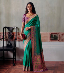 Aquamarine Printed Blended Kalam Kanni Kattan Saree With Position Print Border-EN2161