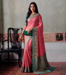 Peach Printed Blended Kalam Kanni Kattan Saree With Position Print Border-EN2162