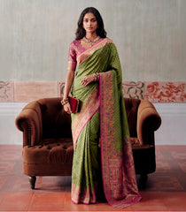 Green Printed Blended Kalam Kanni Kattan Saree With Position Print Border-EN2163