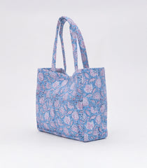 Light Blue Handmade Tote Bag With Printed Motifs With Button (14"H X 17"W X 8"D)-ACS1052