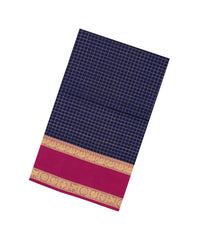 Navy Blue Handloom Silk Cotton Saree With Zari Checks & Contrast Border-SC4565