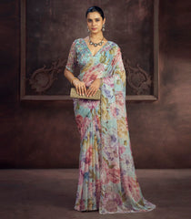 Light Aqua Blue Blended Two Tone Satin Saree With American Diamond Embroidery Work-EN2165