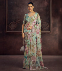 Pista Green Blended Two Tone Satin Saree With American Diamond Embroidery Work-EN2167