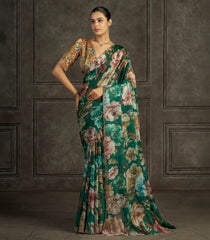 Emerald Green Blended Two Tone Satin Saree With American Diamond Embroidery Work-EN2169