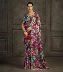 Fuchsia Pink Blended Two Tone Satin Saree With American Diamond Embroidery Work-EN2170