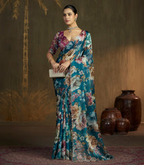 Teal Blue Blended Two Tone Satin Saree With American Diamond Embroidery Work-EN2174
