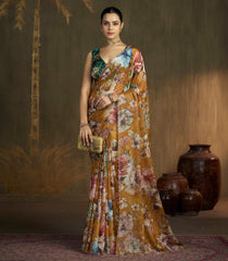 Mustard Blended Two Tone Satin Saree With American Diamond Embroidery Work-EN2175