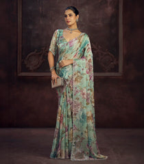 Sea Green Blended Two Tone Satin Saree With American Diamond Embroidery Work-EN2177