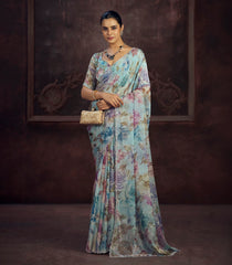 Sky Blue Blended Two Tone Satin Saree With American Diamond Embroidery Work-EN2179
