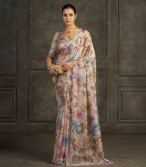 Peach Blended Two Tone Satin Saree With American Diamond Embroidery Work-EN2181