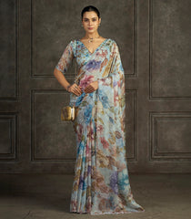 Powder Blue Blended Two Tone Satin Saree With American Diamond Embroidery Work-EN2182