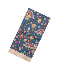 Dark Grey Printed Tussar Silk Saree With Kalamkari Motifs-TU3592