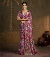 Magenta Blended Two Tone Satin Saree With American Diamond Embroidery Work-EN2184