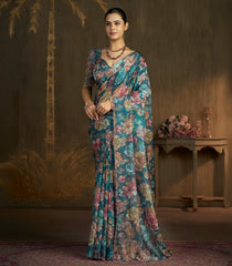 Teal Green Blended Two Tone Satin Saree With American Diamond Embroidery Work-EN2185