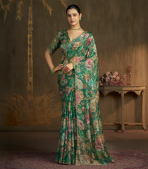 Emerald Green Blended Two Tone Satin Saree With American Diamond Embroidery Work-EN2187