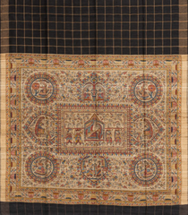 Black Handloom Dupion Silk Saree With Checks & Printed Pallu-DS0546