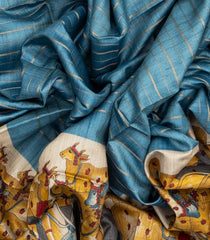 Steel Blue Handloom Tussar Silk Saree With Checks & Printed Motifs-TU2597