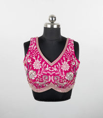 Pink Embroidered Blended Raw Silk Readymade Sleeveless Blouse RB5195