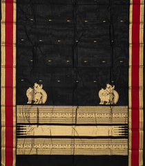 Black Handloom Kanchi Cotton Saree With Tree Buttas & Red Border