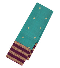 Cyan Handloom Kanchipuram Silk Saree With Annam Motifs & Maroon Border-KA14176