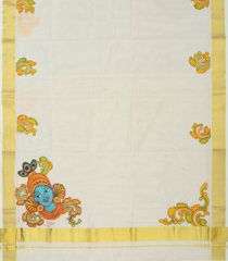 Off White Handloom Kerala Cotton Saree With Printed Krishna Motifs-KEC1003
