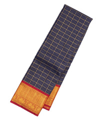 Dark Blue Handloom Korvai Kanchipuram Silk Saree With Checks & Contrast Border-KA13029