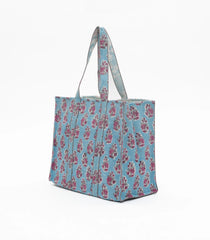 Light Blue Bagru Printed Handmade Cotton Quilted Tote Bag-ACS1028