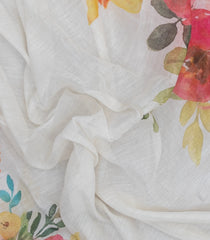 White Printed Synthetic Linen Saree With Floral Motifs-SY0123