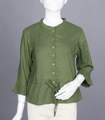 Olive Green Ruffled-Neck Top with Waist Tie-RB5235