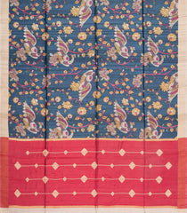 Dark Grey Printed Tussar Silk Saree With Kalamkari Motifs-TU3592