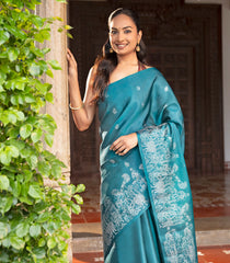 Blue Handloom Soft Silk Saree With Floral Buttas-SO4059