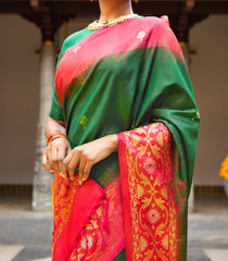 Bottle Green Handloom Soft Silk Saree With Floral Buttas & Peach Border-SO4058