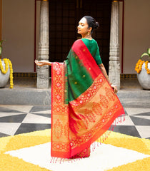 Bottle Green Handloom Soft Silk Saree With Floral Buttas & Peach Border-SO4058