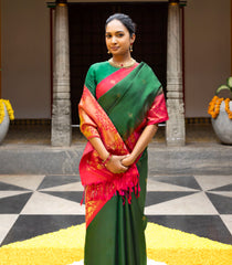 Bottle Green Handloom Soft Silk Saree With Floral Buttas & Peach Border-SO4058