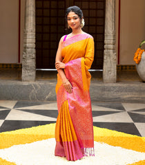 Turmeric Yellow Handloom Soft Silk Saree With Dotted Diamond Motifs-SO4061