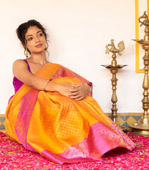 Turmeric Yellow Handloom Soft Silk Saree With Dotted Diamond Motifs-SO4061