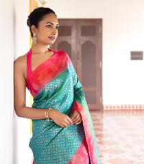 Cyan Handloom Soft Silk Saree With Floral Jaal Motifs & Peach Border-SO4057
