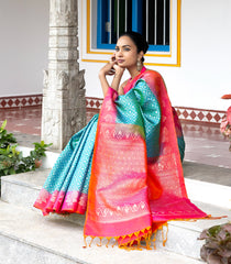 Cyan Handloom Soft Silk Saree With Floral Jaal Motifs & Peach Border-SO4057
