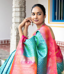 Cyan Handloom Soft Silk Saree With Floral Jaal Motifs & Peach Border-SO4057