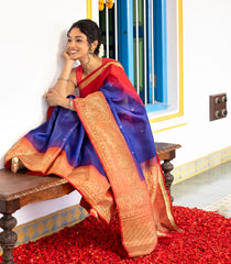 Dark Blue Handloom Soft Silk Saree With Mango Buttas & Red Border-SO4056