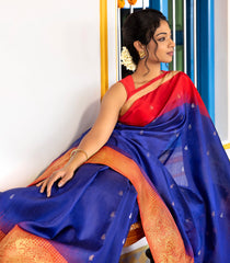Dark Blue Handloom Soft Silk Saree With Mango Buttas & Red Border-SO4056